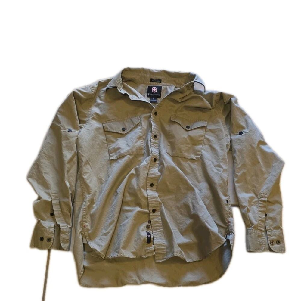 Victorinox Button Up Shirt Large Beige Tan Mountain Hike Climb Trail Trekk